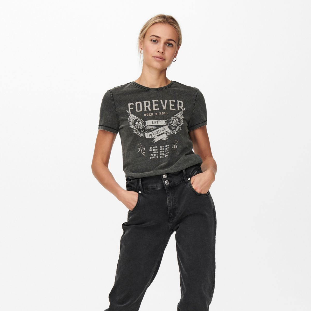 ONLY - Only Polera Manga Corta Licencia Rock N Roll Mujer