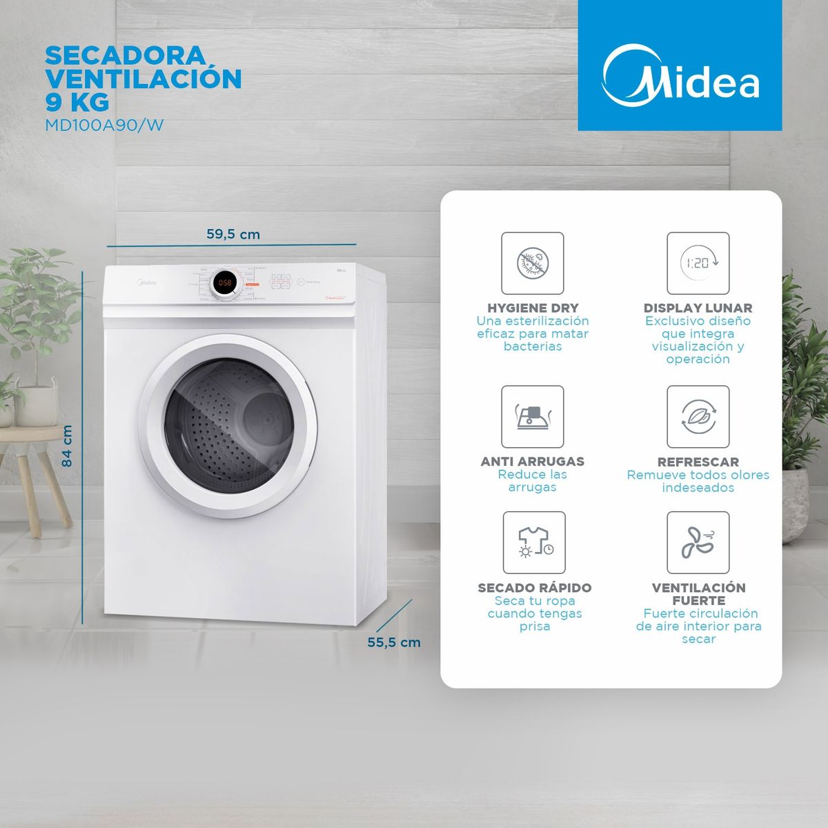 MIDEA - Secadora Eléctrica 9 KG Md100A90/W Midea