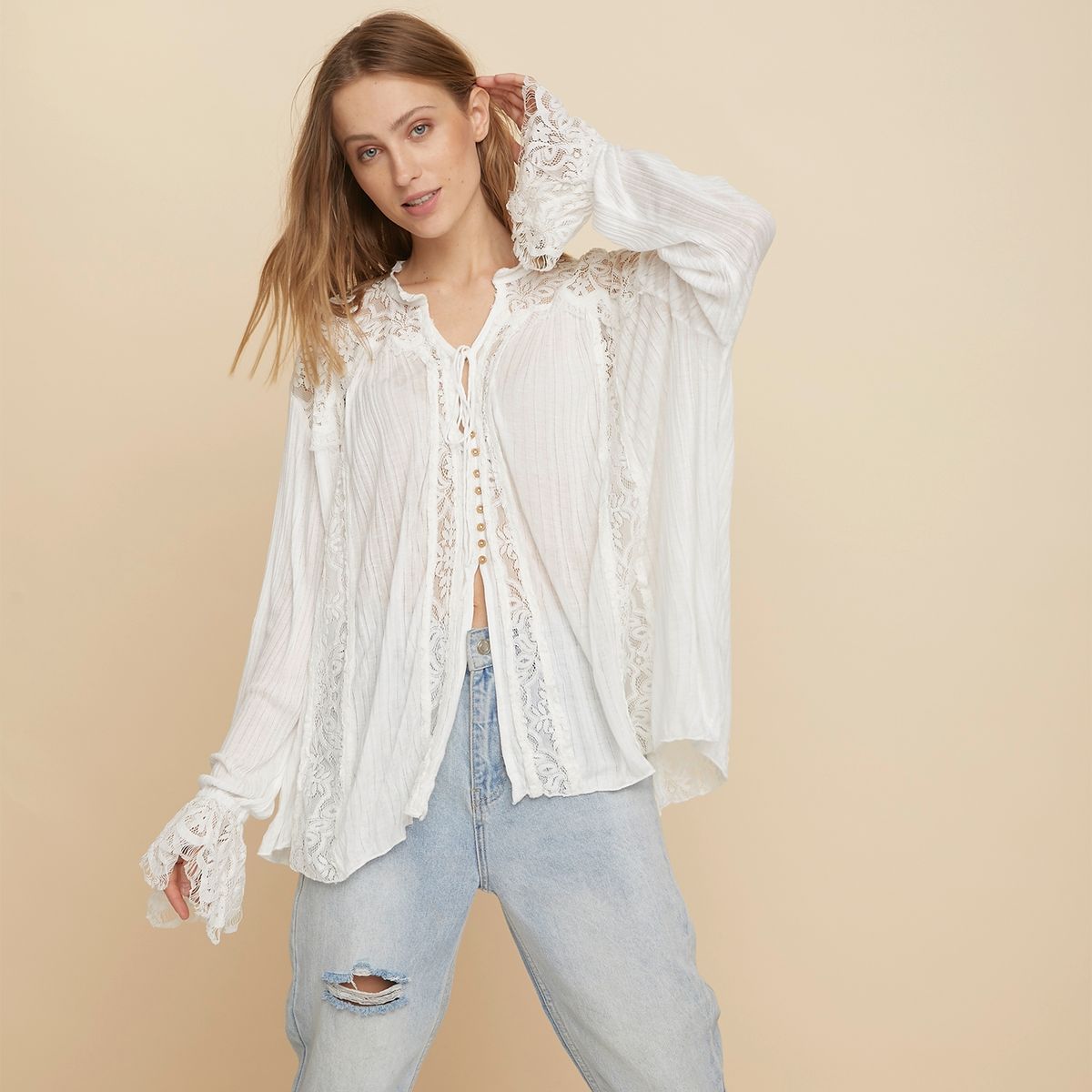 FREE PEOPLE - Free People Blusa Manga Larga Crochet Mujer