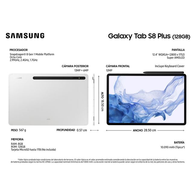 SAMSUNG - Samsung Galaxy Tab S8 Plus + Keyboard Cover (12.4", 128GB, WIFI)