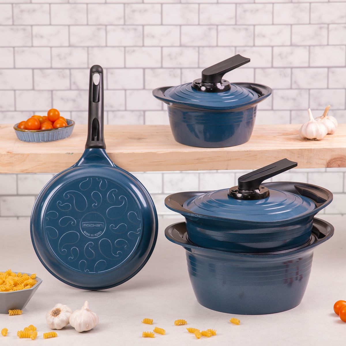 ROICHEN - Batería De Cocina Cerámica Premium Azul 7 Piezas Roichen