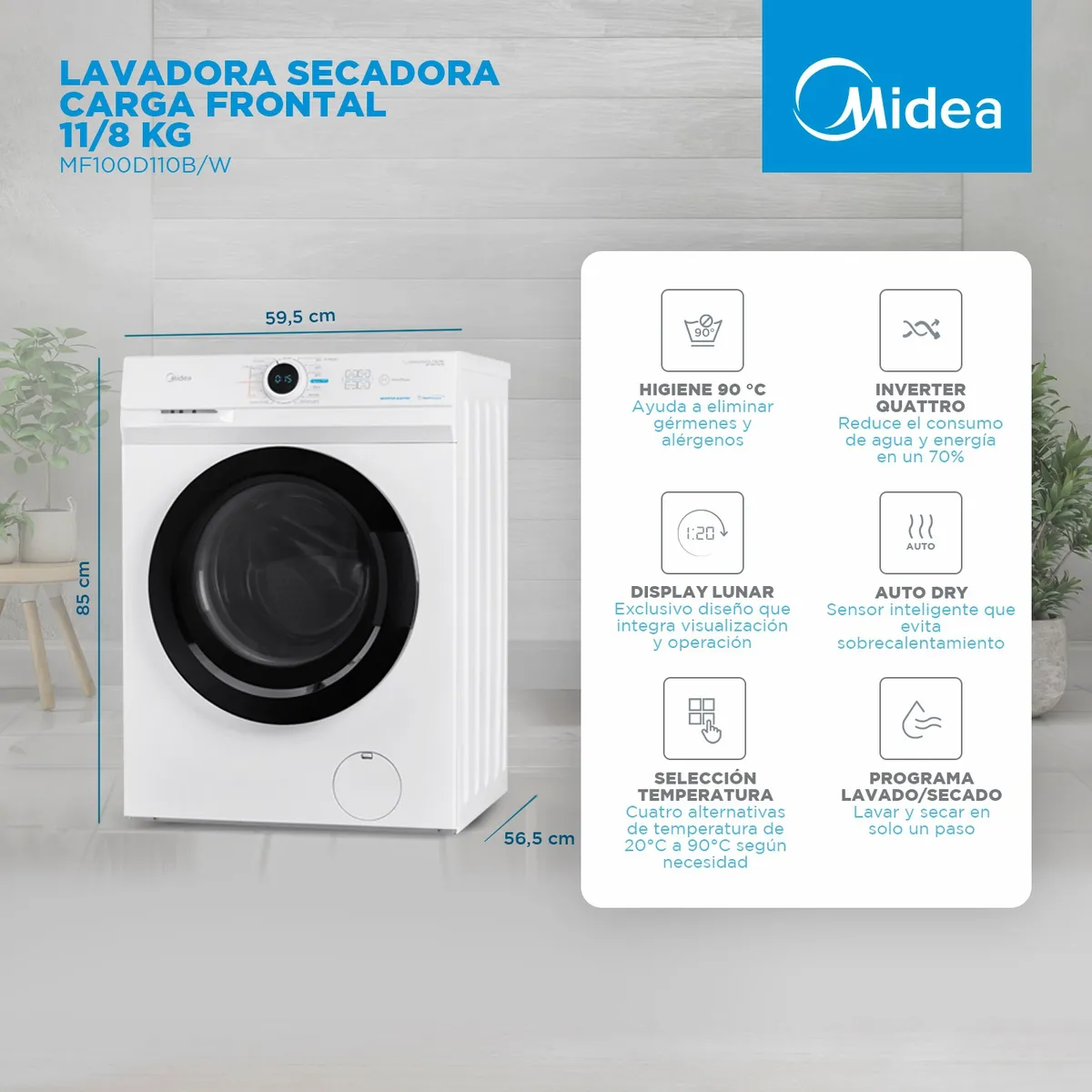 MIDEA - Lavadora-Secadora 11 Kg/8 Kg Inverter Mf100D110B/W Midea