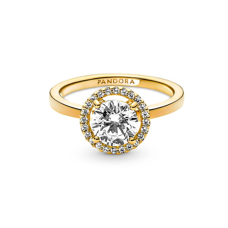 PANDORA - Anillo Halo Redondo Brillante Recubrimiento Oro 14K Mujer Pandora