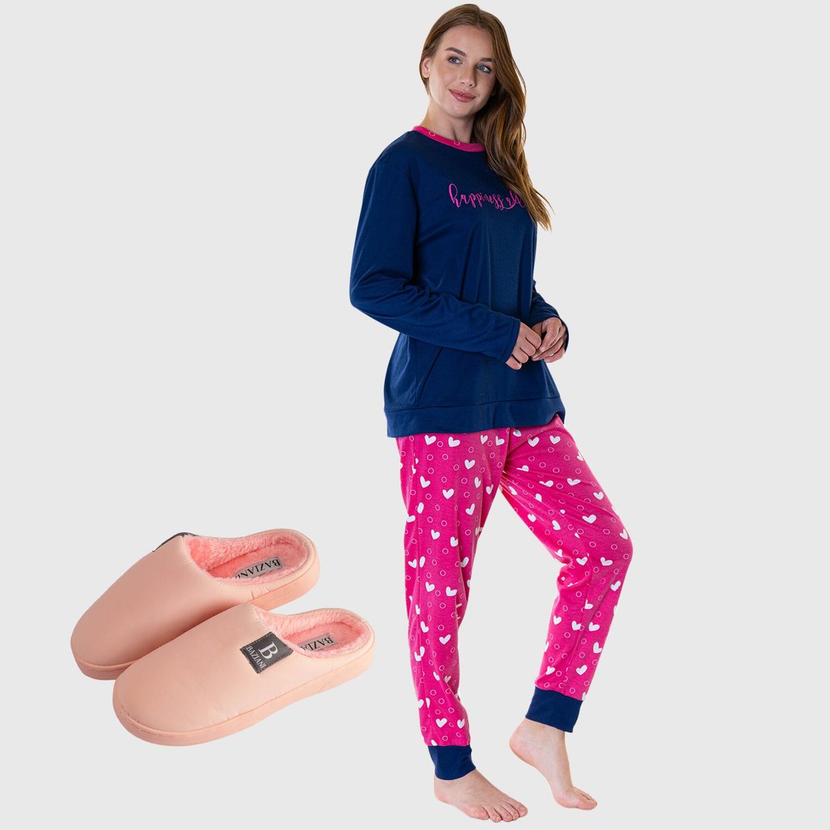 BAZIANI - Pack Pijama de Algodón Mas Pantuflas Baziani