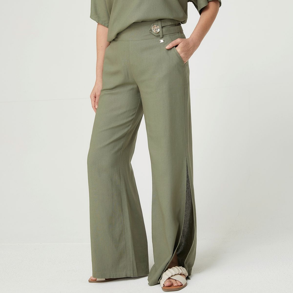 S COCCI - Stefano Cocci Pantalón Palazzo Tiro Alto Lino Mujer