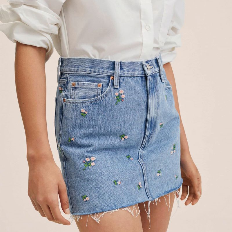 Mango - Mango Falda Denim Bordado Floral Daisy Mujer