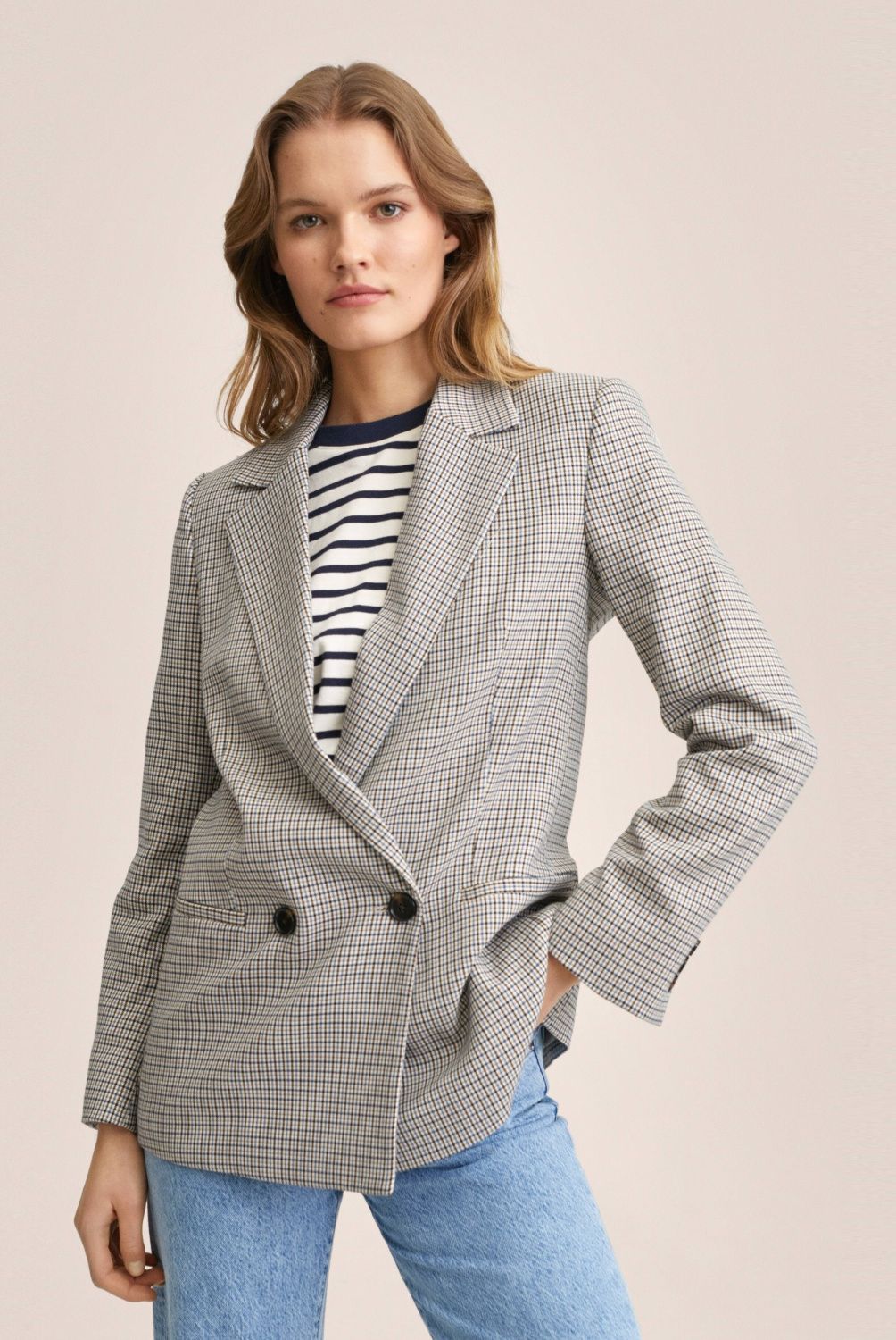 MANGO - Blazer Doble Botonadura Cuadros Mujer Mango