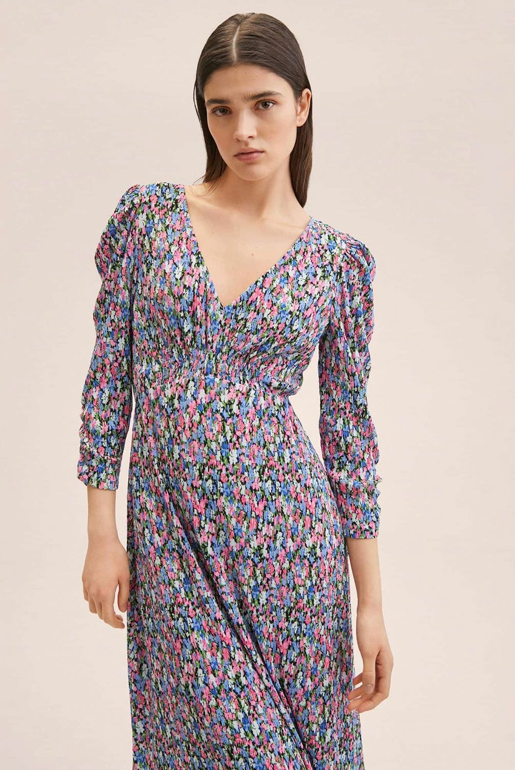 MANGO - Vestido Plisado Estampado Mujer Mango
