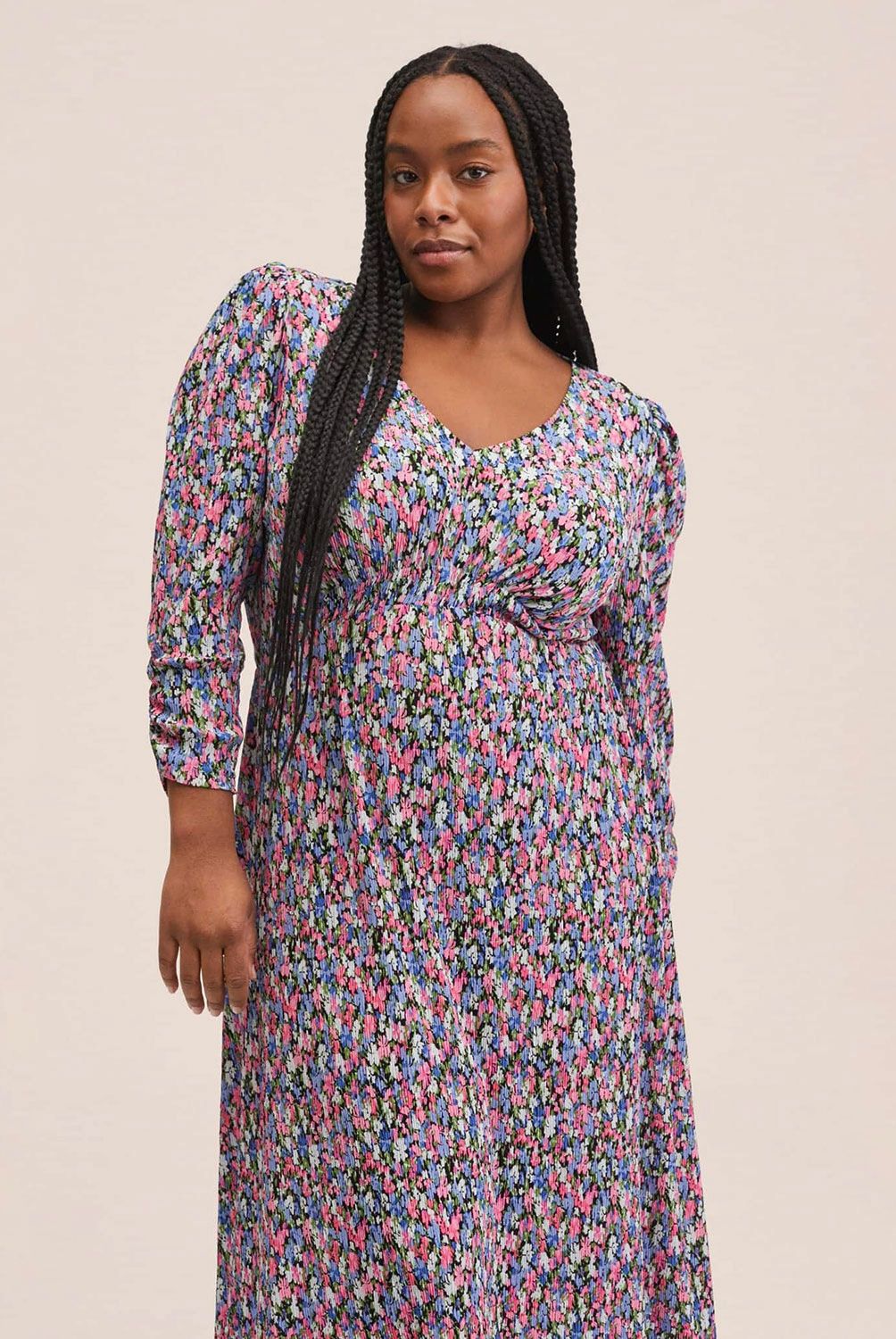 MANGO - Vestido Plisado Estampado Mujer Mango