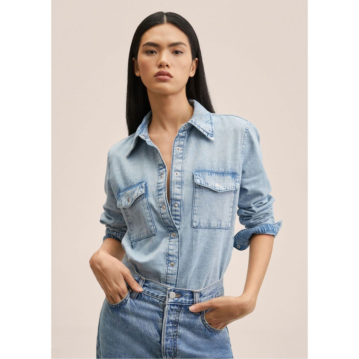 MANGO - Camisa Vaquera Bolsillos Mujer Mango