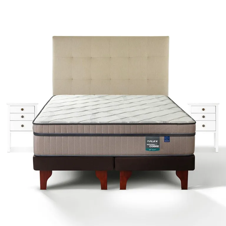 Cama Europea Maximo Cobre 2 Plazas x 2.00mt Base Dividida + Respaldo + 2 Veladores