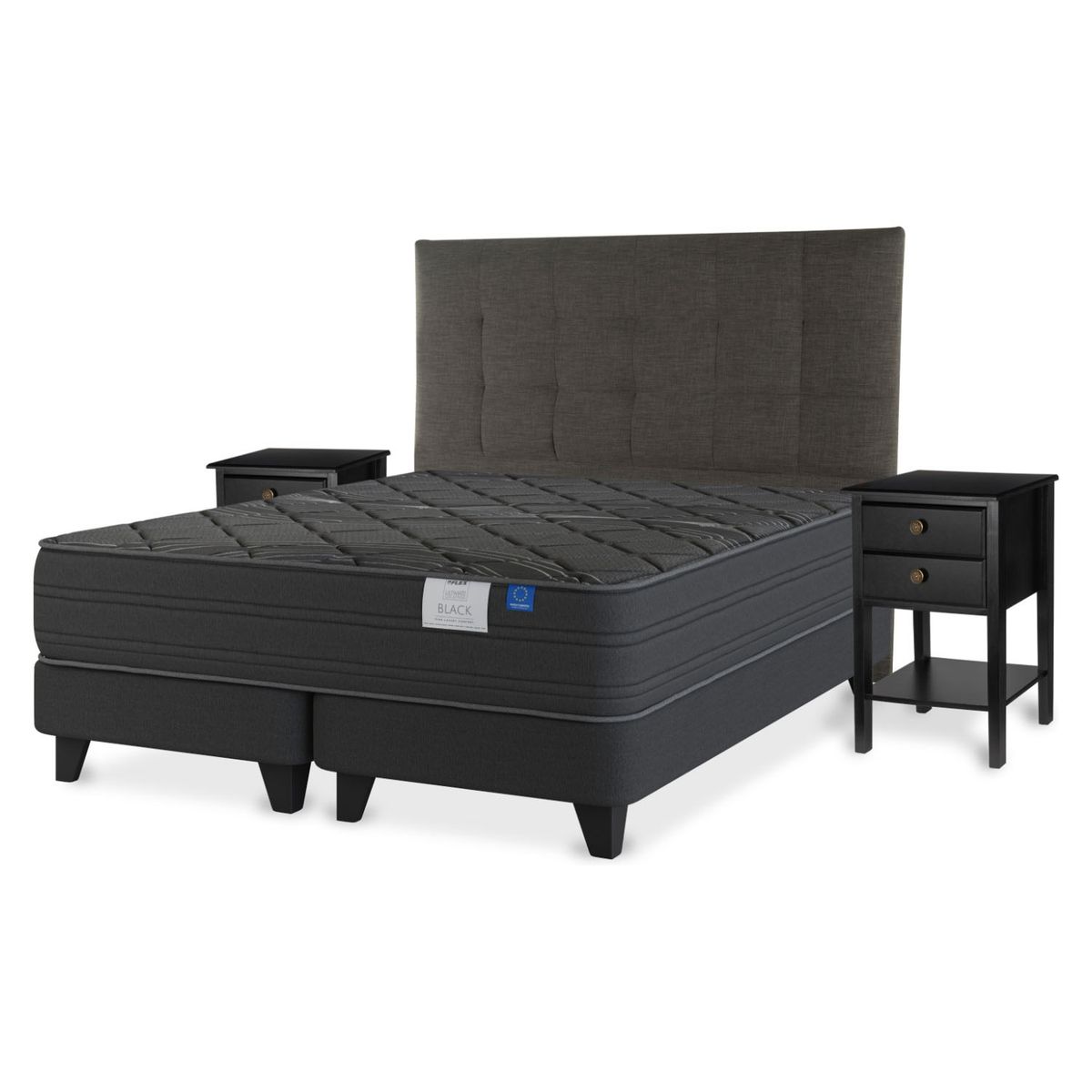 FLEX - Cama Europea Black Super King x 2.00mt Base Dividida + Respaldo + 2 Veladores Flex