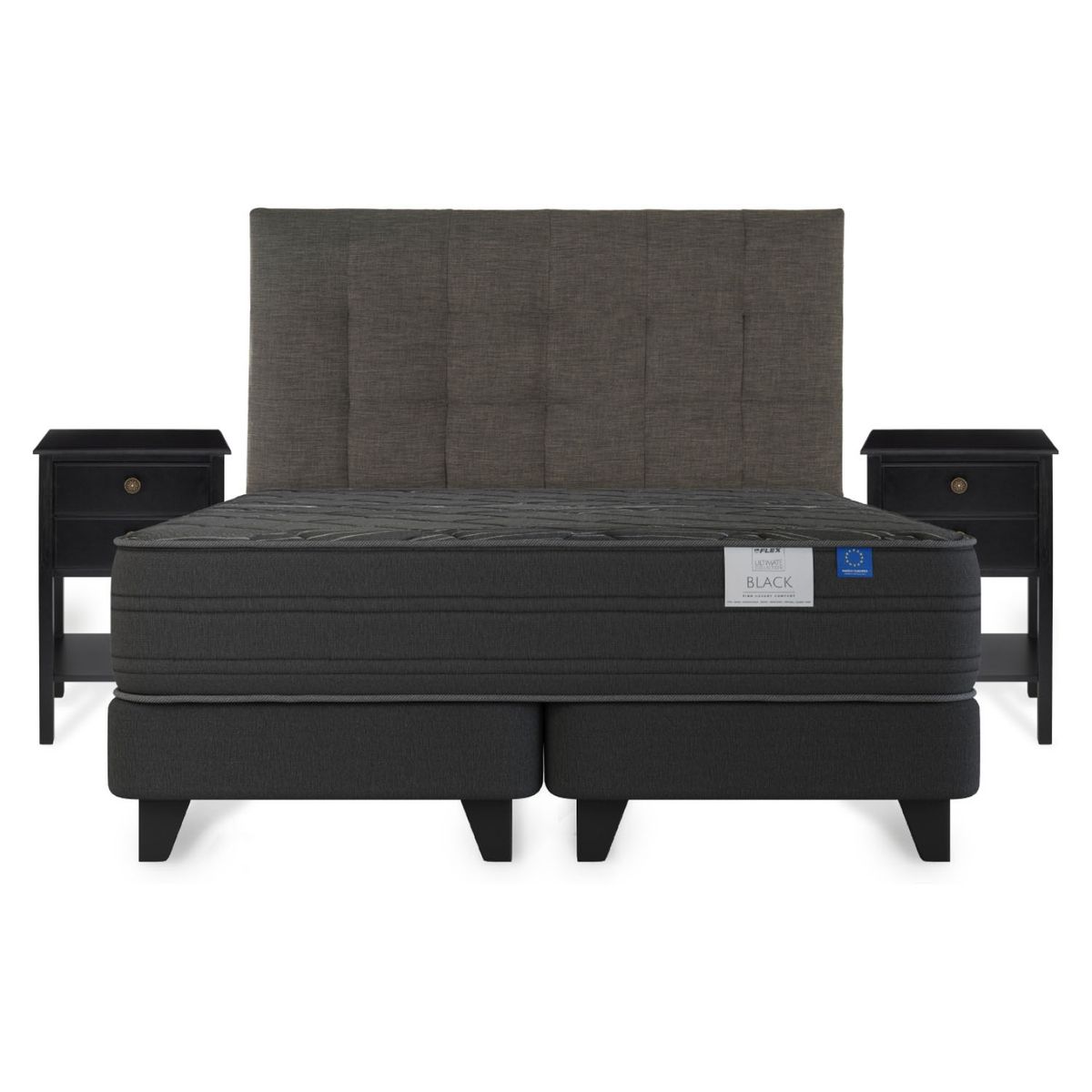 FLEX - Cama Europea Black Super King x 2.00mt Base Dividida + Respaldo + 2 Veladores Flex