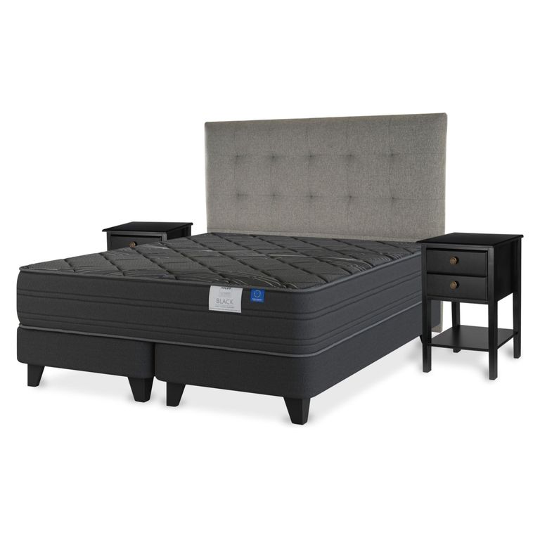 FLEX Cama Europea Black Super King x 2.00mt Base Dividida + Respaldo + 2 Veladores