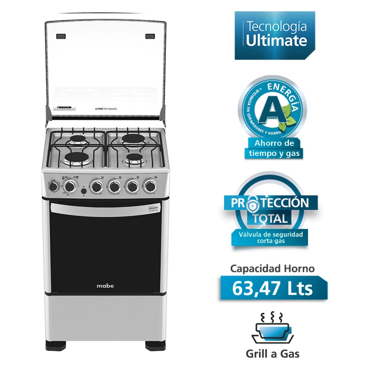 MABE - Cocina 4 Quemadores Horno De 63.47 Lt Con Grill Gas Licuado Cmc5550Ax0 Mabe