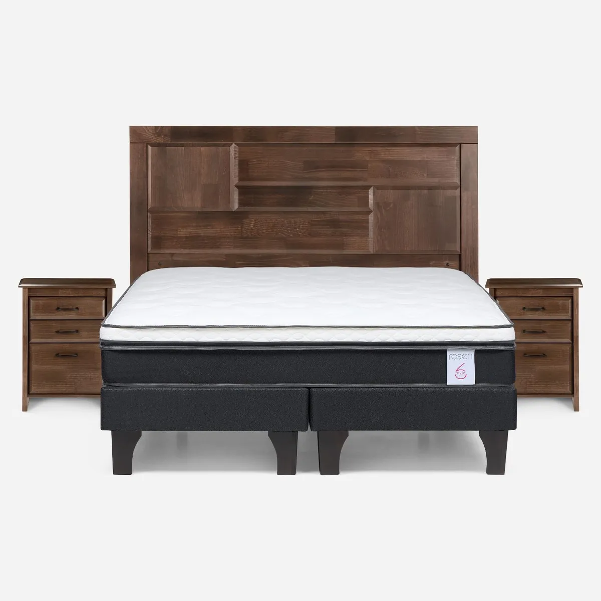 ROSEN - Cama Europea New Style 6 2 Plazas x 2.00 mt Base Dividida + Respaldo + 2 Veladores Rosen