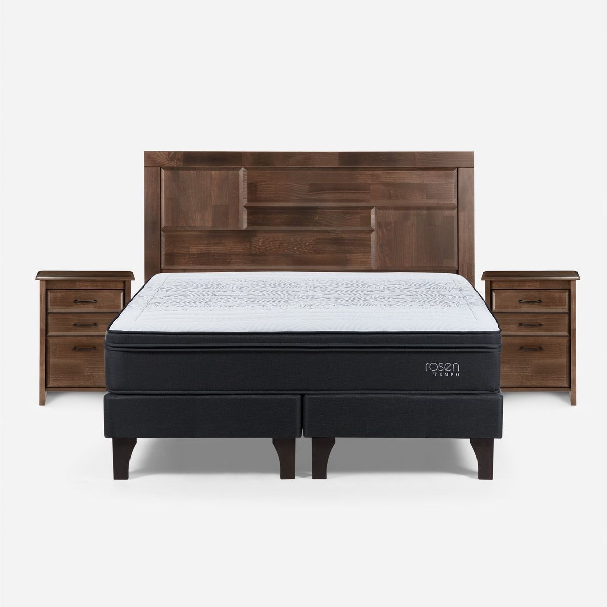 ROSEN - Cama Europea Tempo 2 Plazas x 2.00mt Base Dividida + Respaldo + 2 Veladores Rosen
