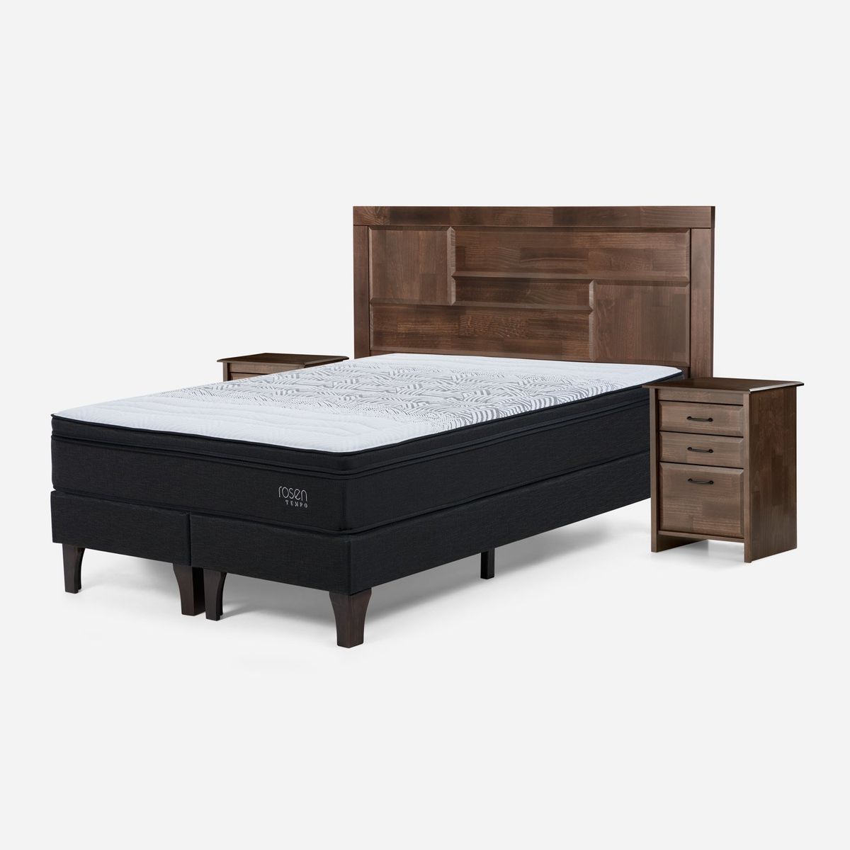 ROSEN - Cama Europea Tempo 2 Plazas x 2.00mt Base Dividida + Respaldo + 2 Veladores Rosen