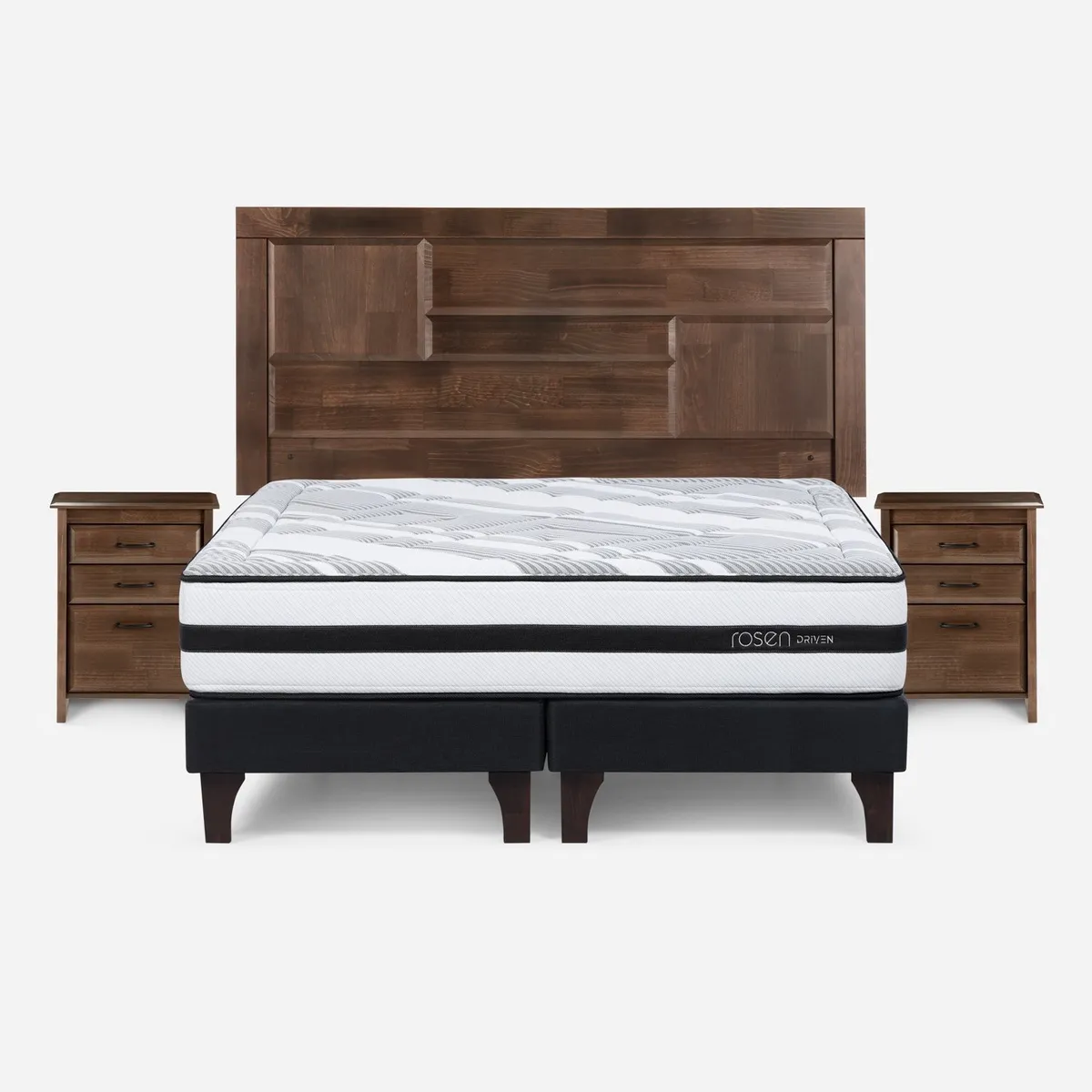 ROSEN - Cama Europea Driven 2 Plazas x 2.00mt Base Dividida + Respaldo + 2 Veladores Rosen