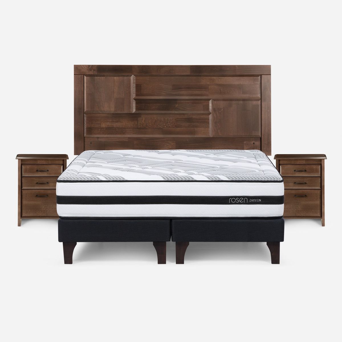 ROSEN - Cama Europea Driven 2 Plazas x 2.00mt Base Dividida + Respaldo + 2 Veladores Rosen