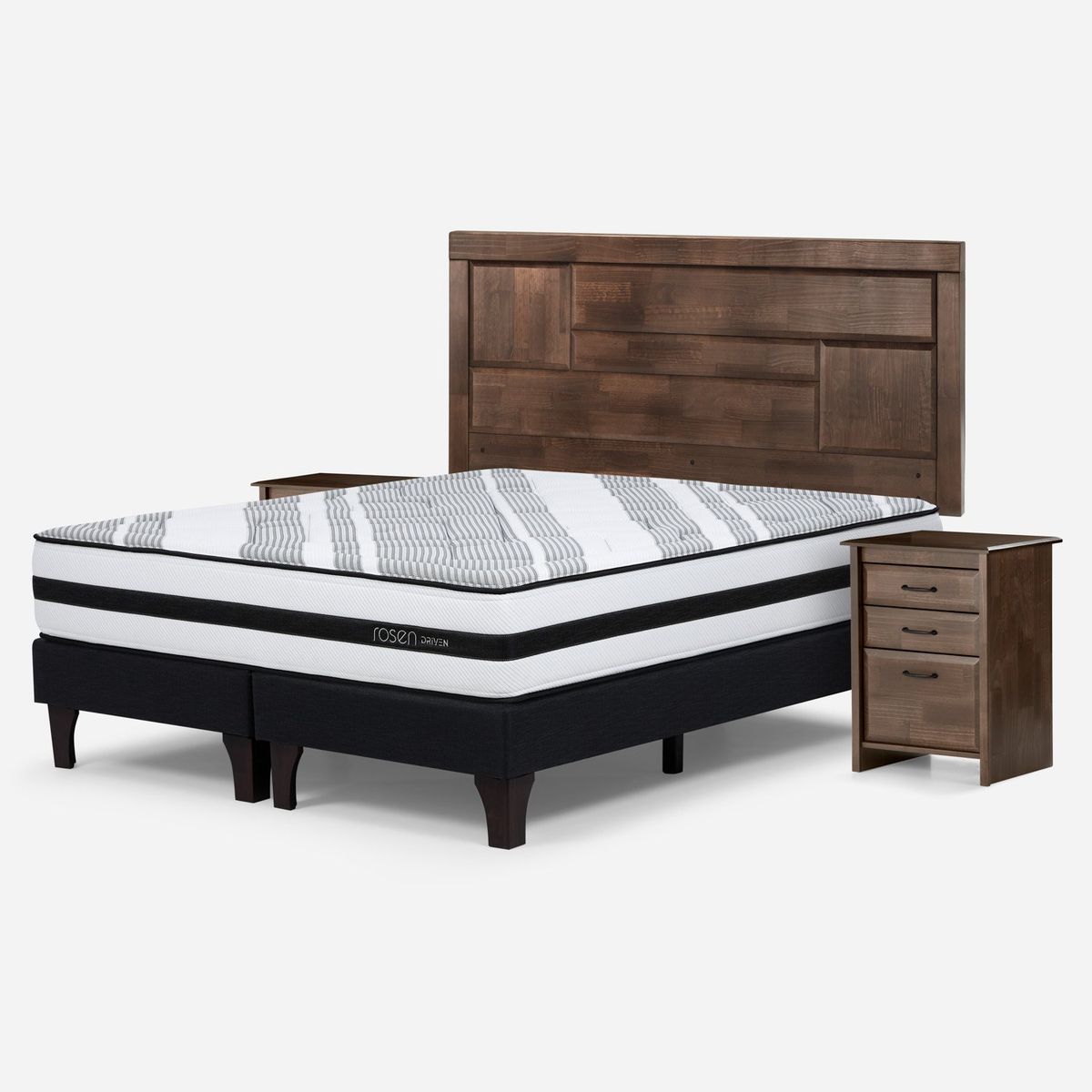 ROSEN - Cama Europea Driven 2 Plazas x 2.00mt Base Dividida + Respaldo + 2 Veladores Rosen