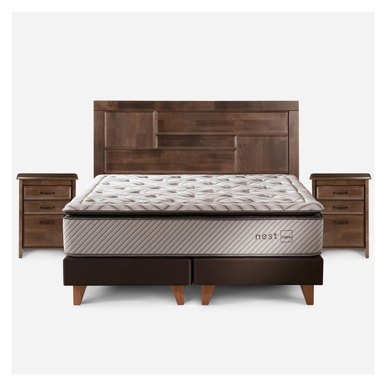 Cama Europea Nest 2 Plazas x 2.00mt Base Dividida + Respaldo + 2 Veladores