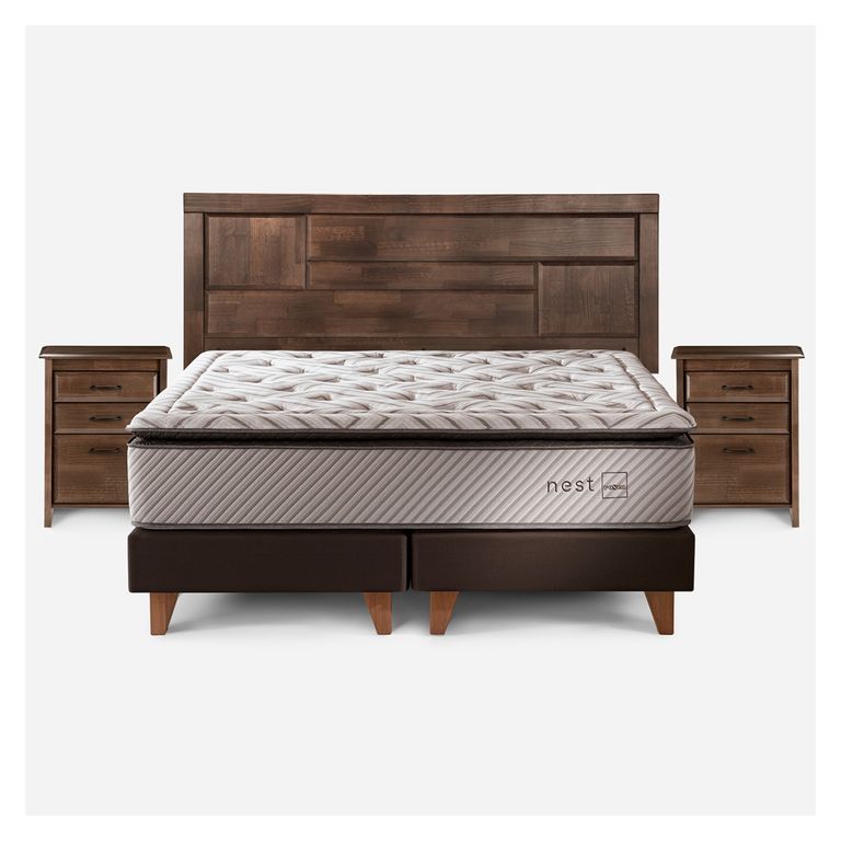 Cama Europea Nest King x 2.00mt Base Dividida + Respaldo + 2 Veladores