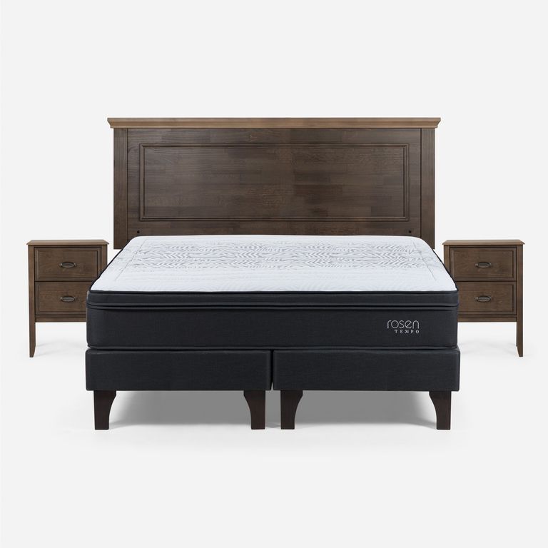 Cama Europea Tempo 2 Plazas x 2.00mt Base Dividida + Respaldo + 2 Veladores