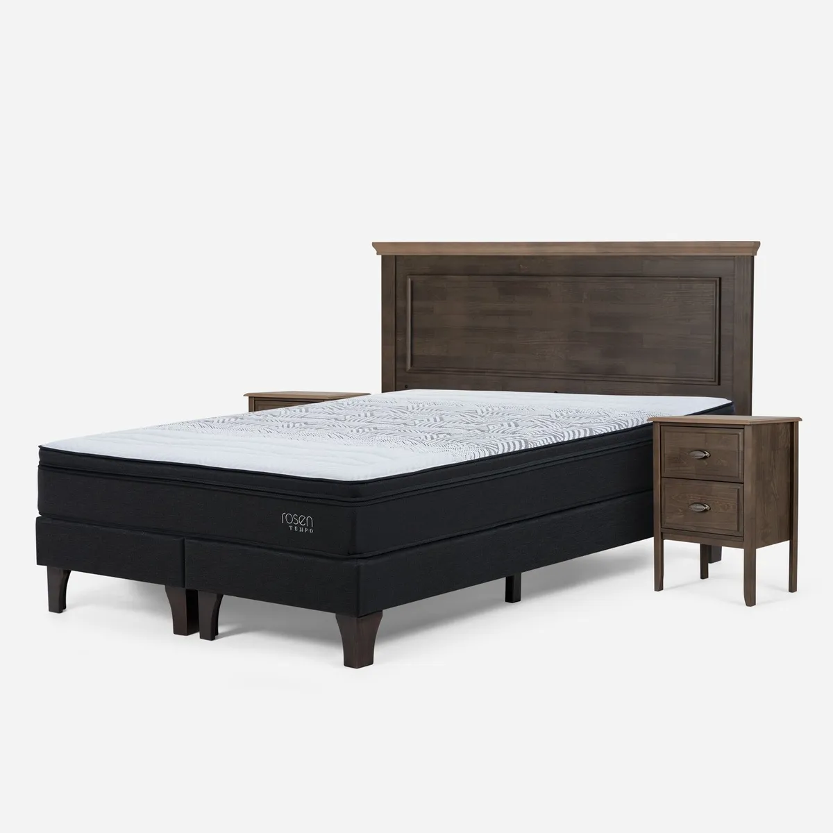 ROSEN - Cama Europea Tempo 2 Plazas x 2.00mt Base Dividida + Respaldo + 2 Veladores Rosen