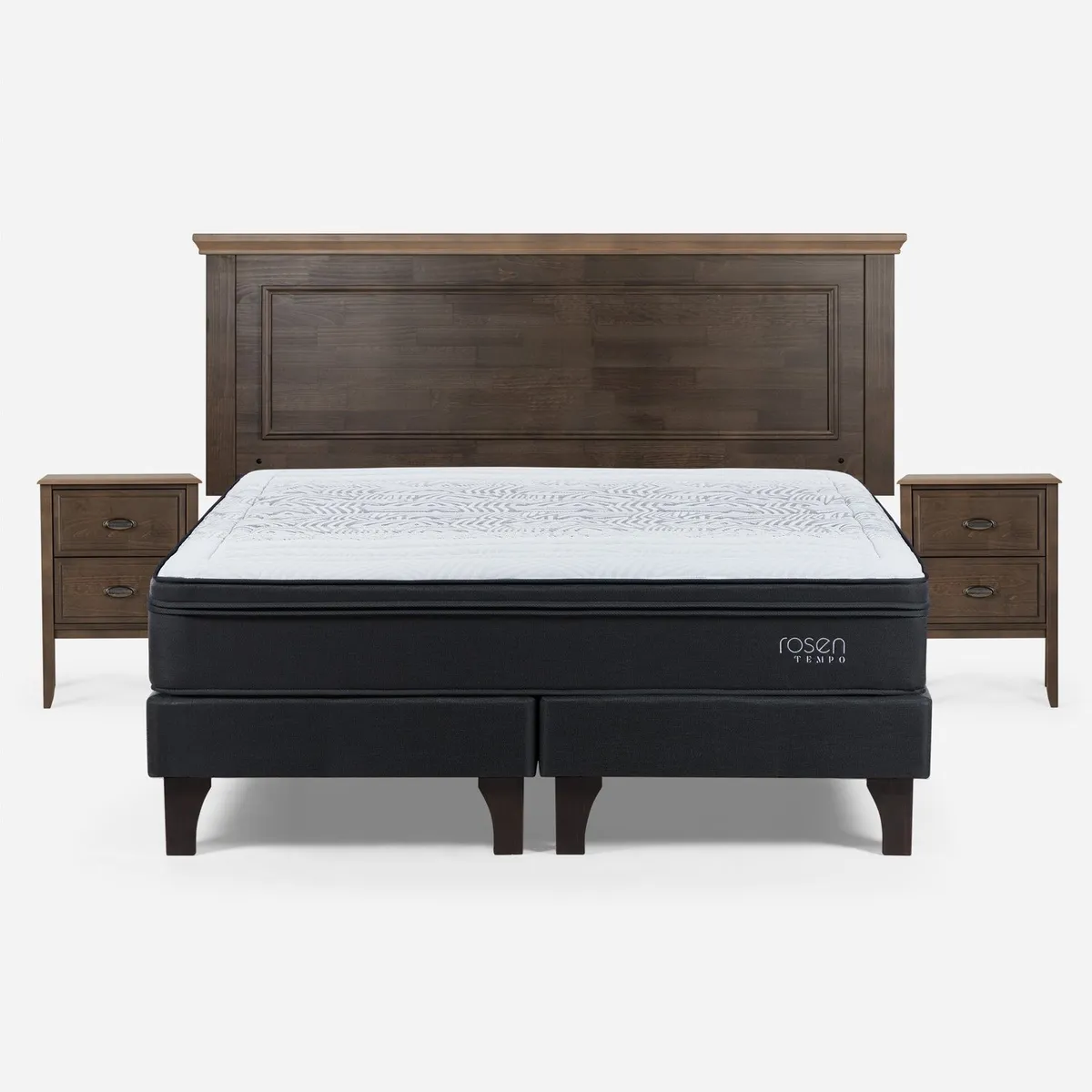 ROSEN - Cama Europea Tempo King x 2.00mt Base Dividida + Respaldo + 2 Veladores Rosen