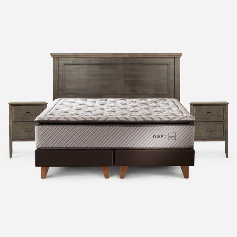 Cama Europea Nest King x 2.00mt Base Dividida + Respaldo + 2 Veladores