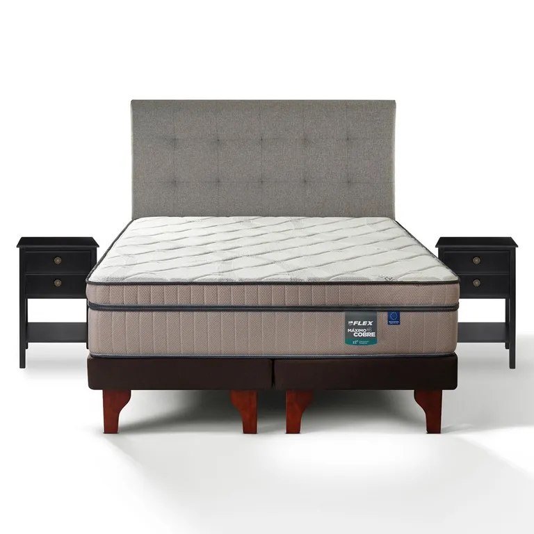 Cama Europea Maximo Cobre King x 2.00mt Base Dividida + Respaldo + 2 Veladores