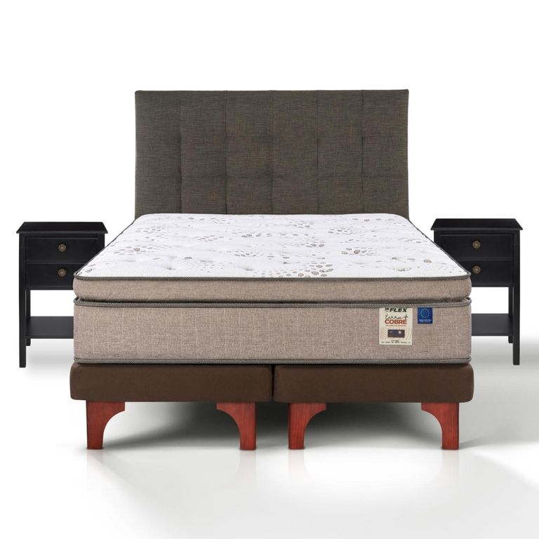 Cama Europea Terra Cobre 2 Plazas + Respaldo + 2 Veladores