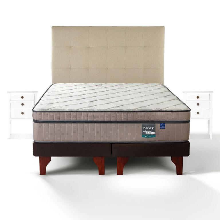 Cama Europea Maximo Cobre Super King x 2.00mt Base Dividida + Respaldo + 2 Veladores Design Crudo