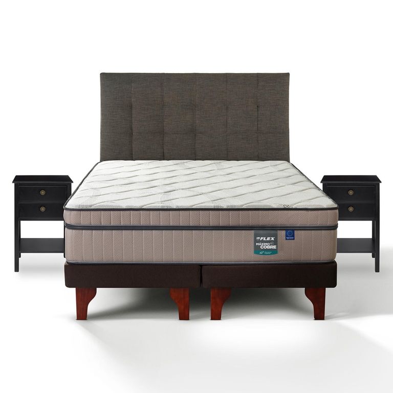 Cama Europea Maximo Cobre Super King x 2.00mt Base Dividida + Respaldo + 2 Veladores Design Grafito