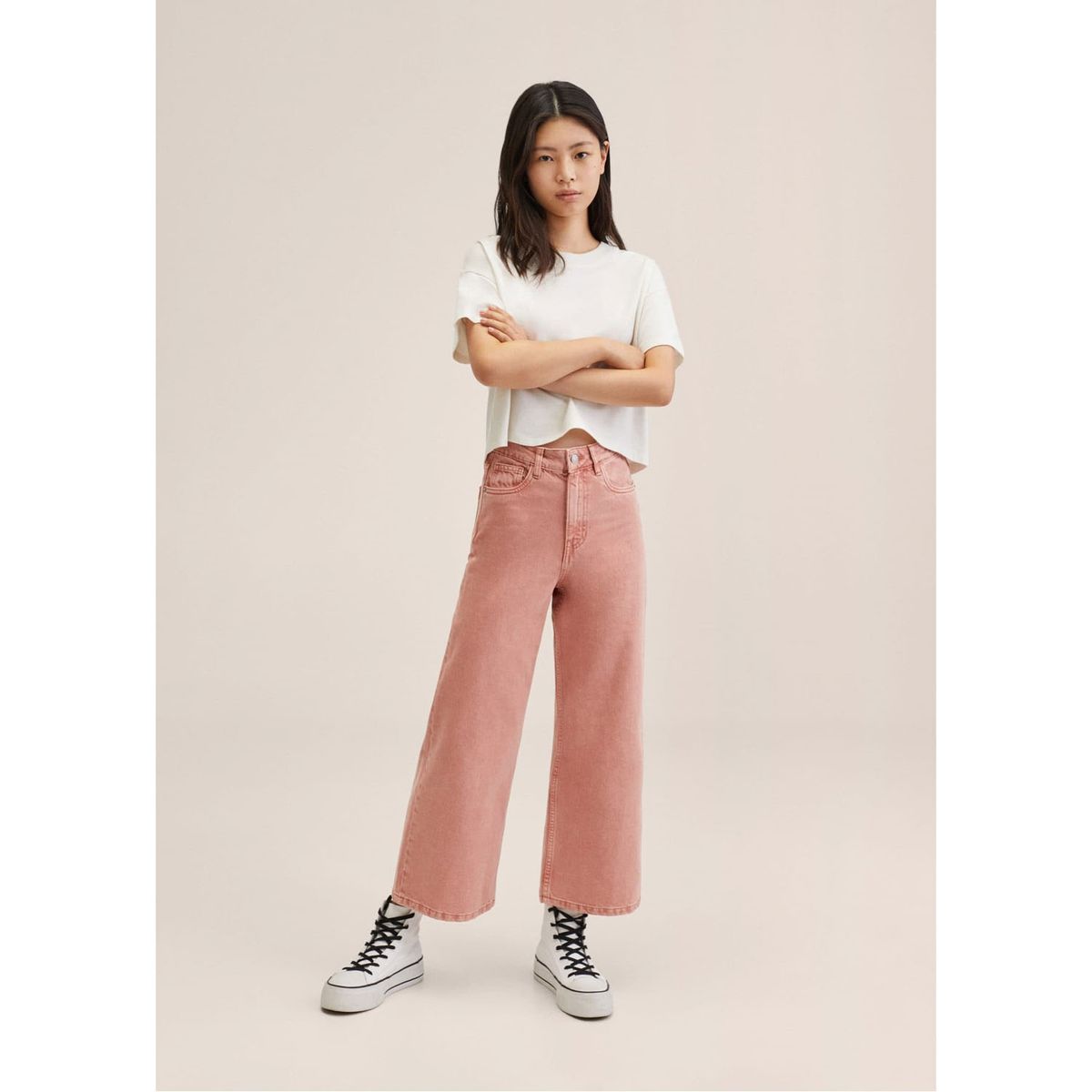 MANGO TEEN - Mango Teens Jeans Wideleg Crop Tiro Medio Brooklyn Mujer