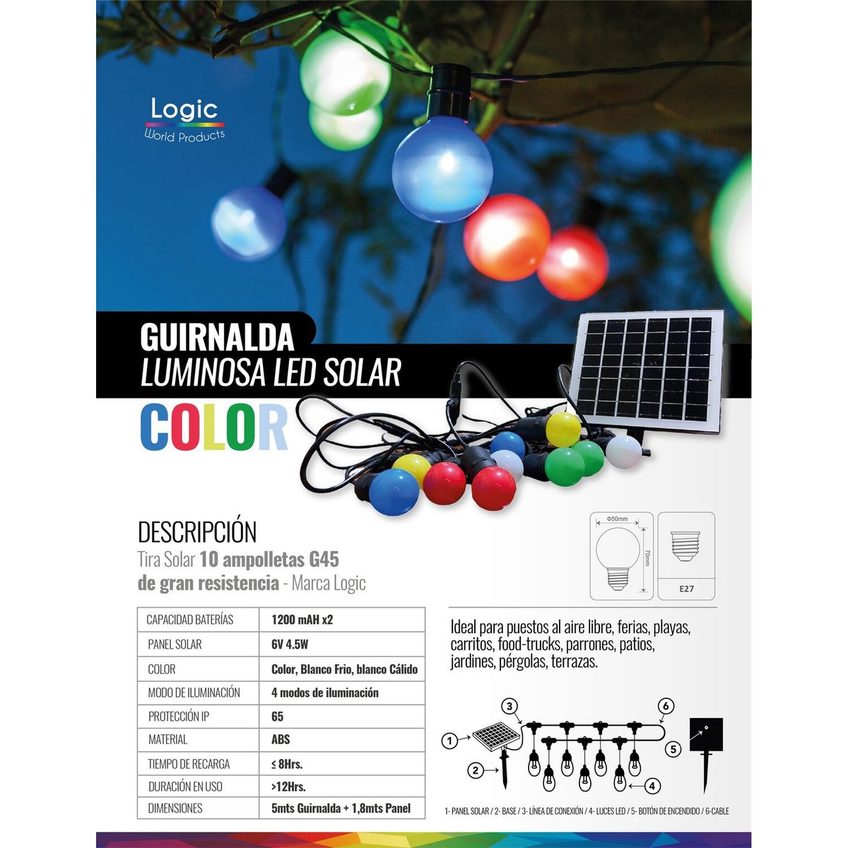 LOGIC - Guirnalda Led Solar10 Ampolletas G45 Color