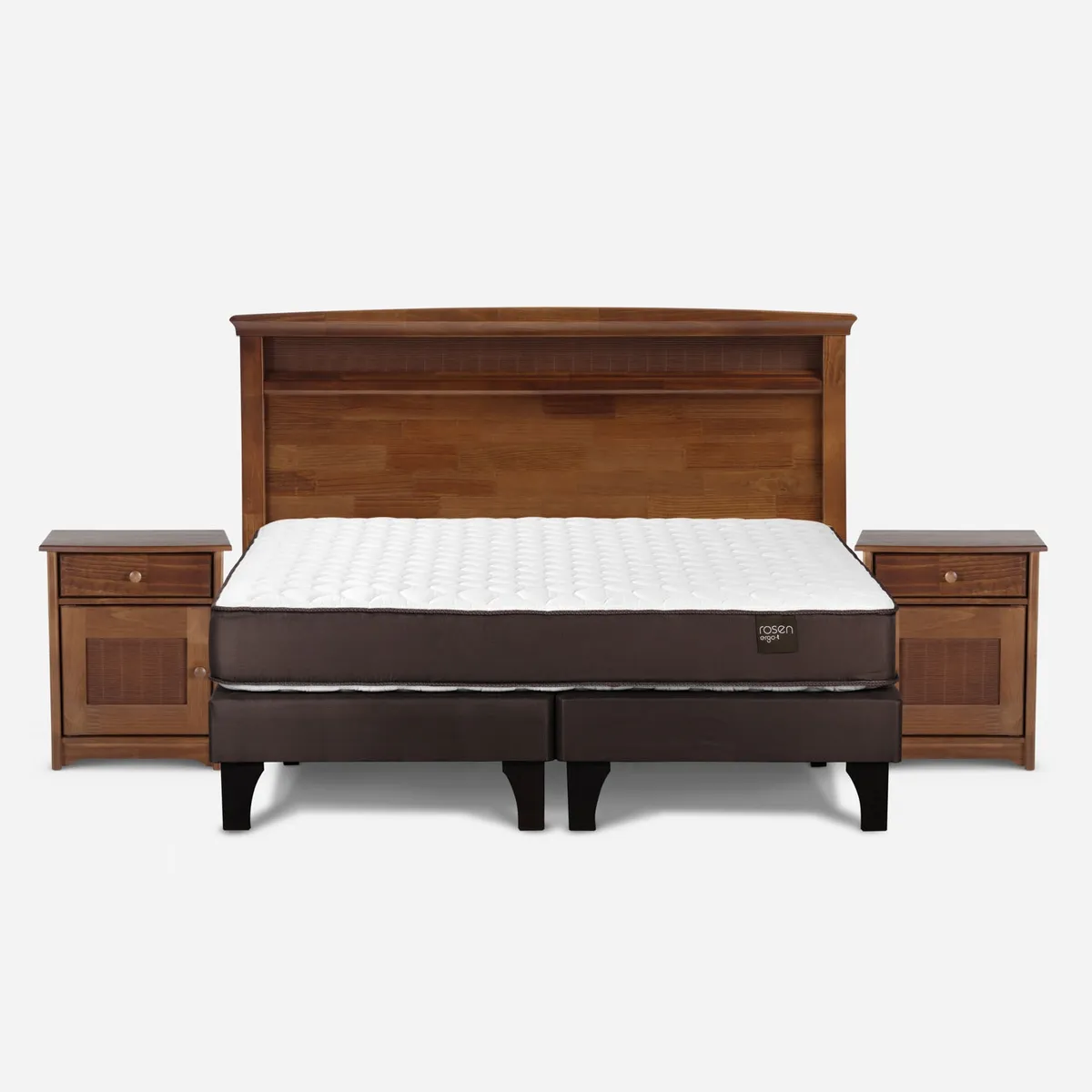 ROSEN - Cama Europea New Ergo T 2 Plazas x 2.00 mt Base Dividida + Respaldo + 2 Veladores Rosen