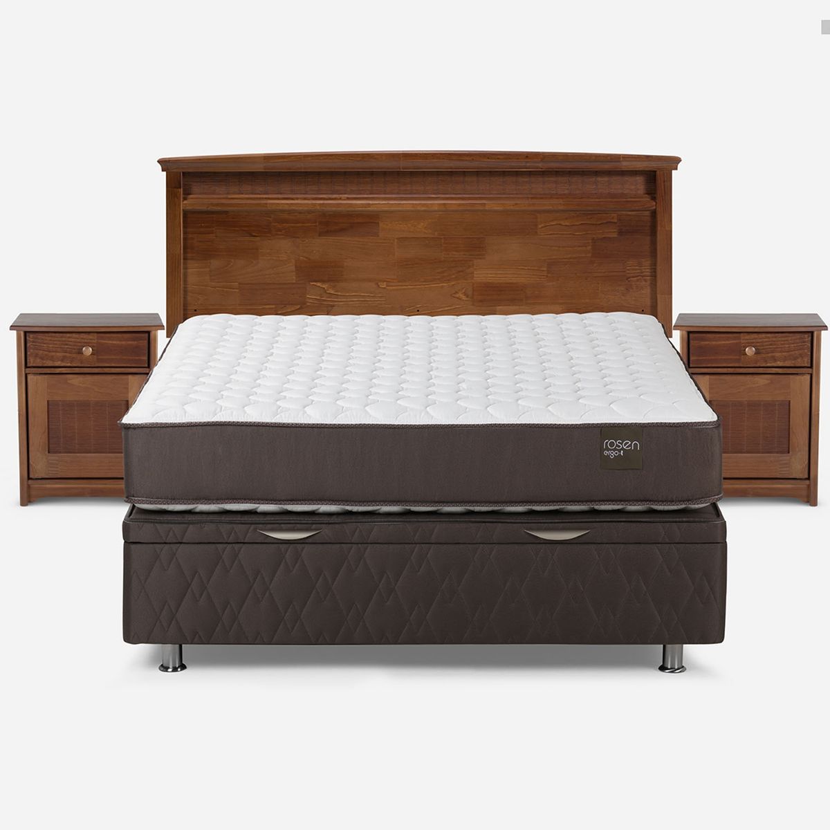 ROSEN - Cama baúl New Ergo T 2 Plazas x 2.00 mt + Respaldo + 2 Veladores Rosen