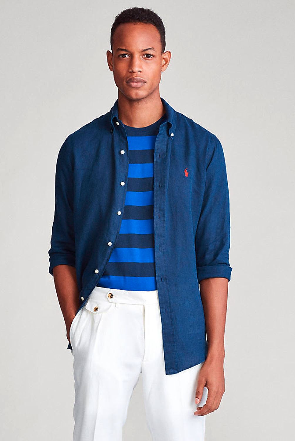 Polo - Polo Camisa Casual Manga Larga Lino Hombre