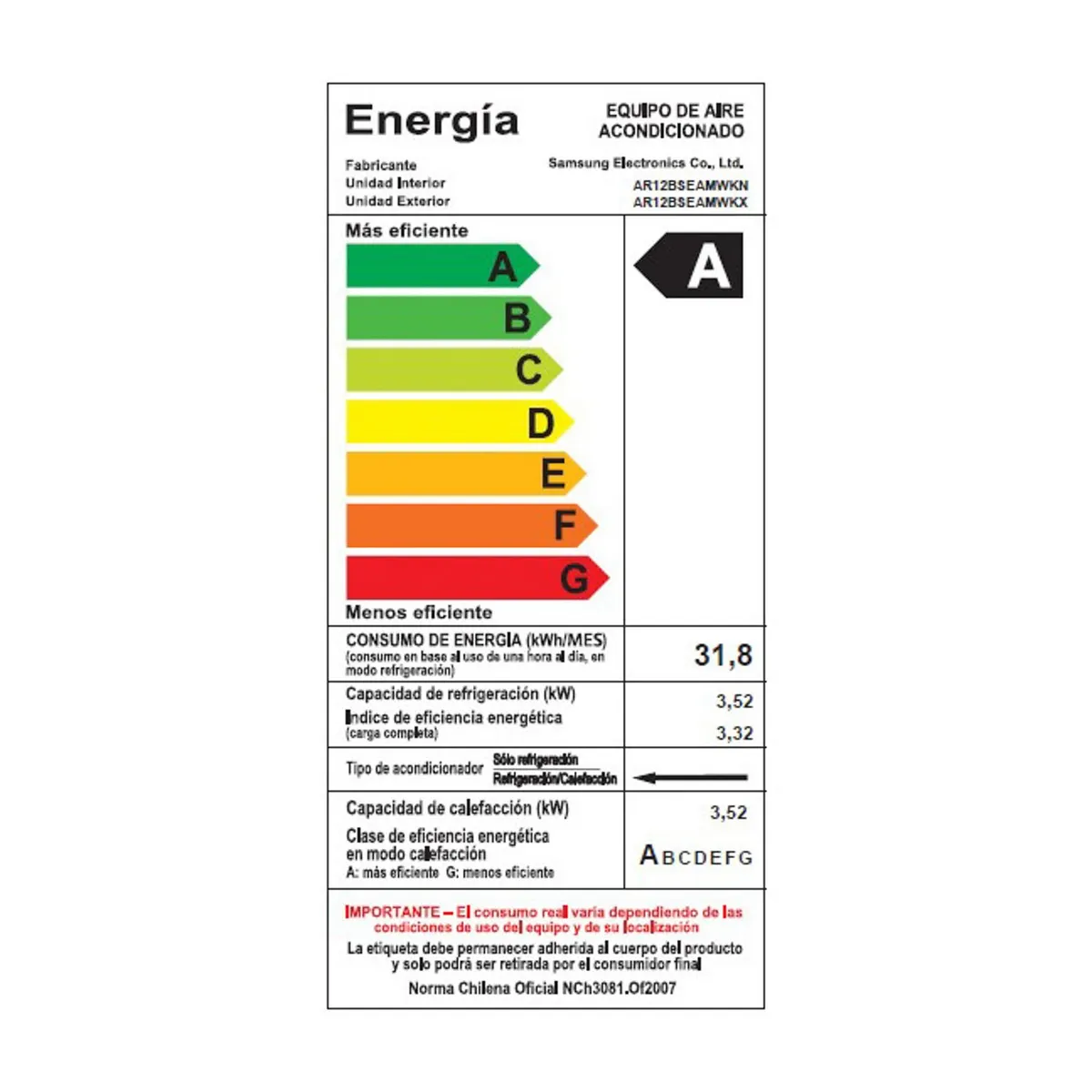SAMSUNG - Aire Acondicionado Split Frio-Calor Wind-Free Inverter AR12BSEAMWK/ZS 12.000 BTU Wifi Samsung
