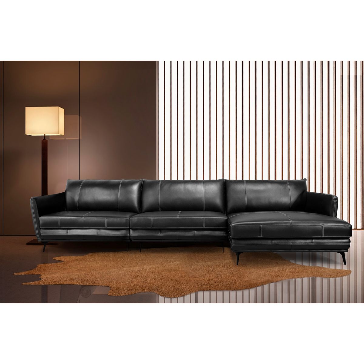 DECOCASA - Sofá 3060 2 Cuerpos+Chaise Negro 100% Cuero Decocasa