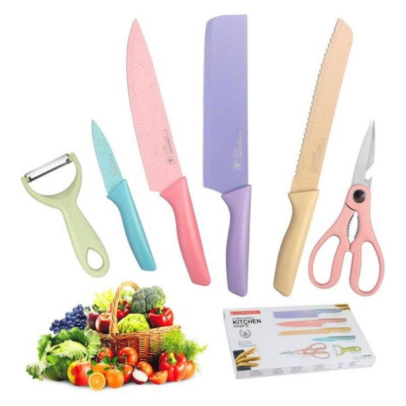 GENERICO - Set Cuchillos Tijera Pelador 6 piezas Colores Past
