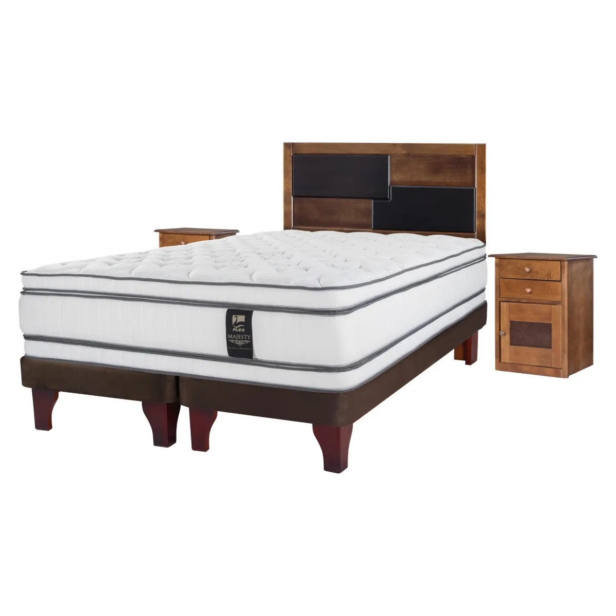 FLEX - Cama Europea Majesty 2 Plazas + Respaldo + 2 Veladores Flex