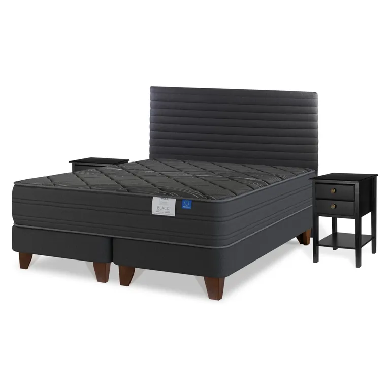 Cama Europea Black King x 2.00mt Base Dividida + Respaldo + 2 Veladores