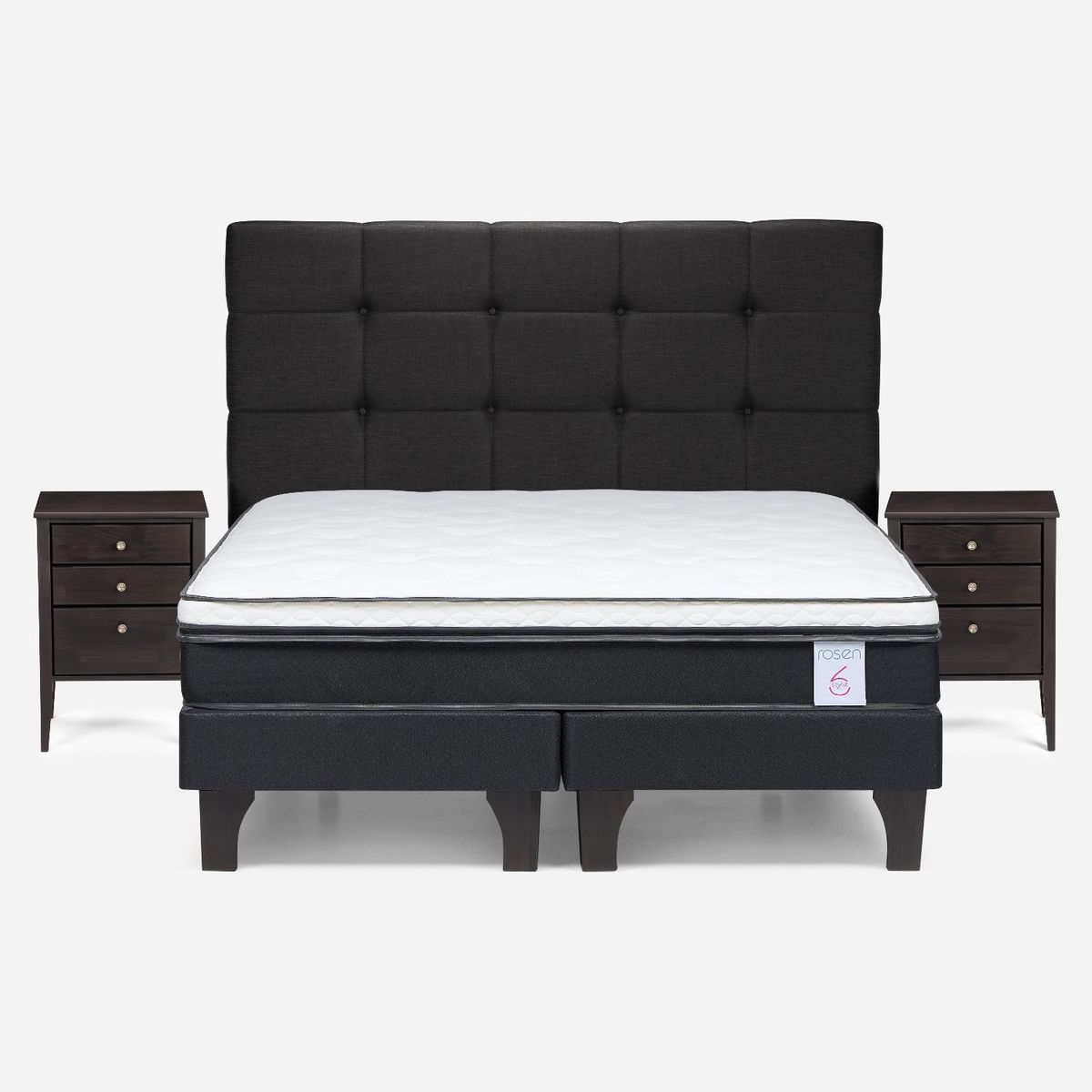 ROSEN - Cama Europea New Style 6 2 Plazas x 2.00 mt Base Dividida + Respaldo + 2 Veladores Rosen