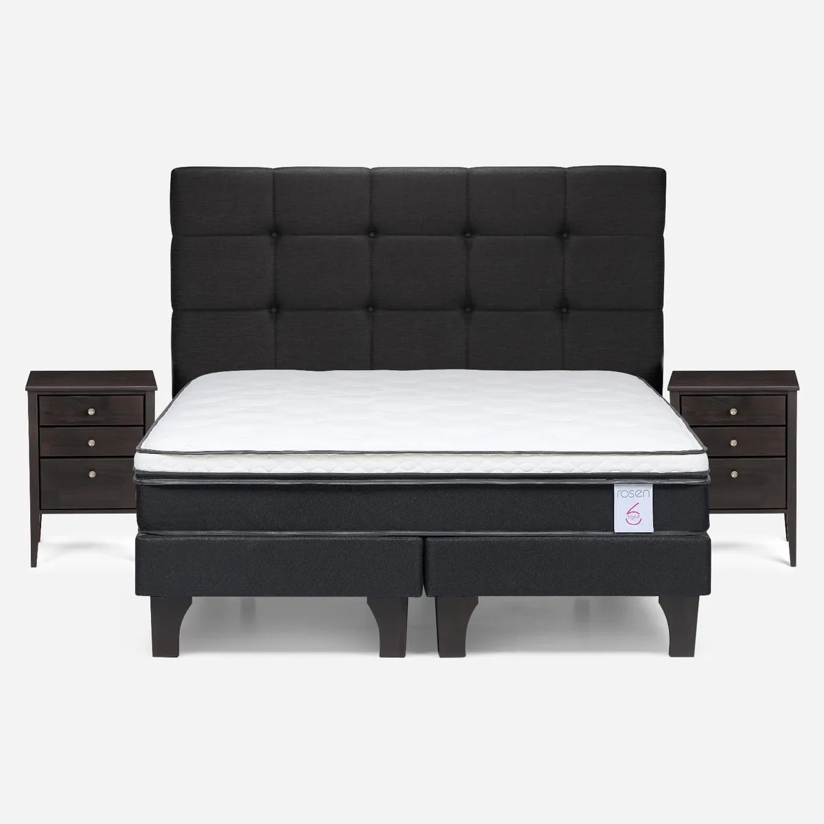 ROSEN - Cama Europea New Style 6 2 Plazas x 2.00 mt Base Dividida + Respaldo + 2 Veladores Rosen