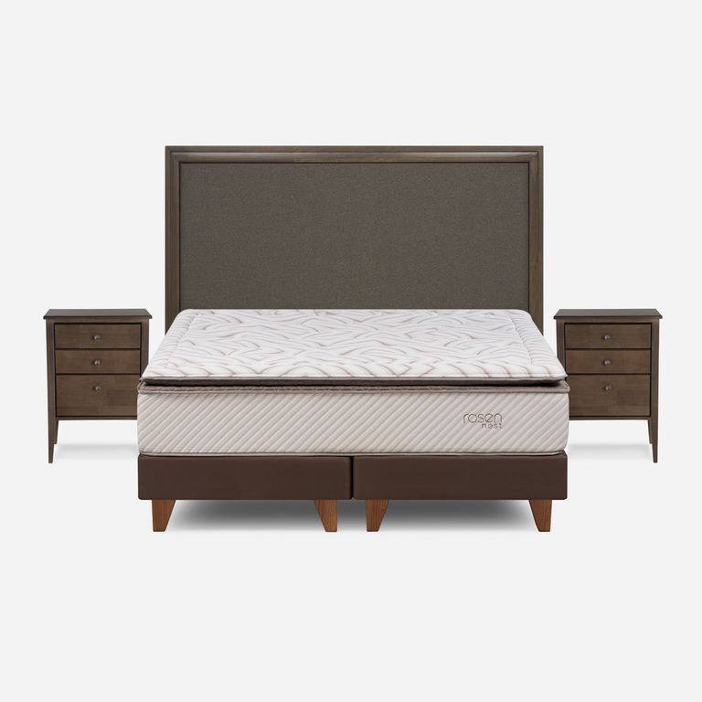 ROSEN Cama Europea Nest 2 Plazas x 2.00mt Base Dividida + Respaldo + 2 Veladores