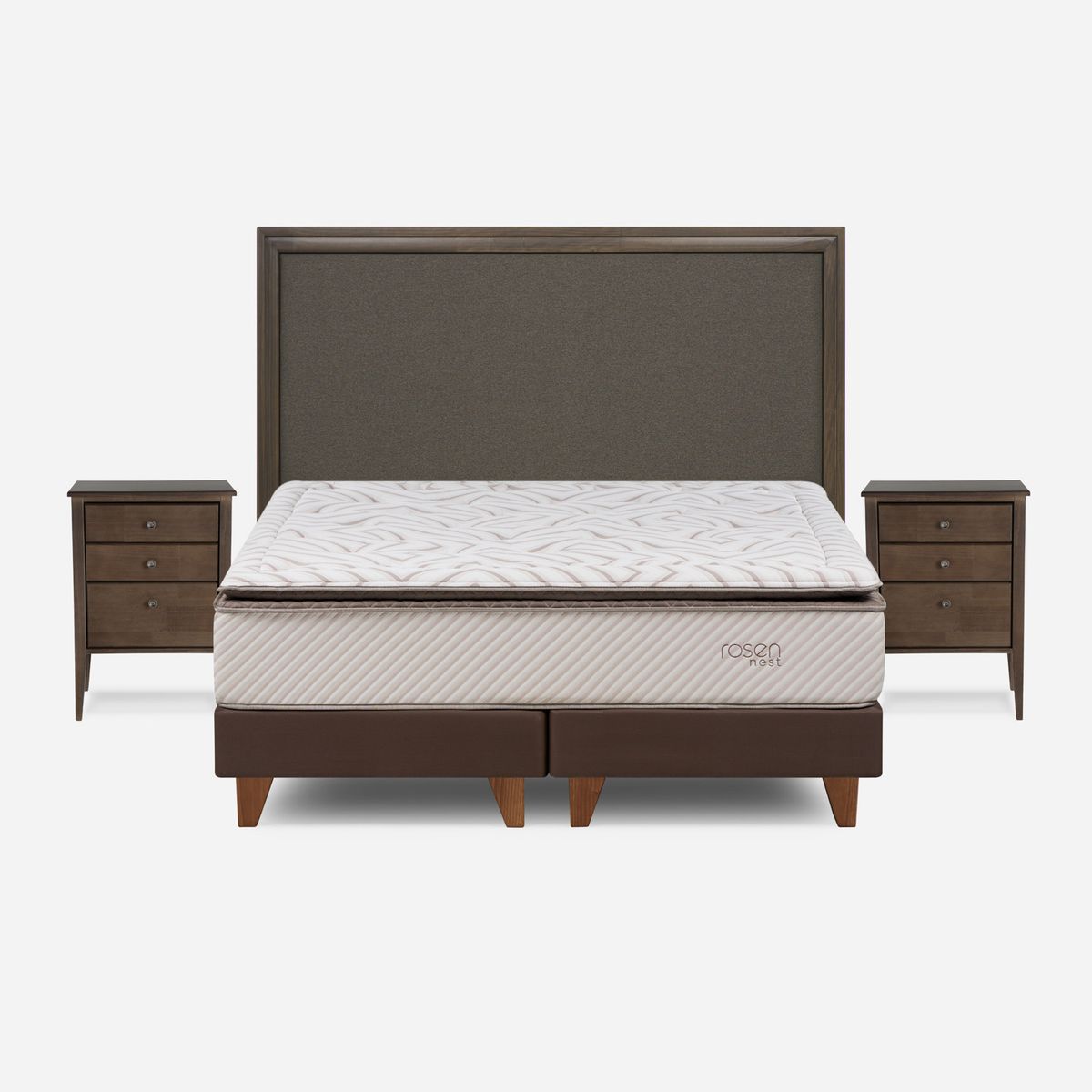 ROSEN - Cama Europea Nest 2 Plazas x 2.00mt Base Dividida + Respaldo + 2 Veladores Rosen