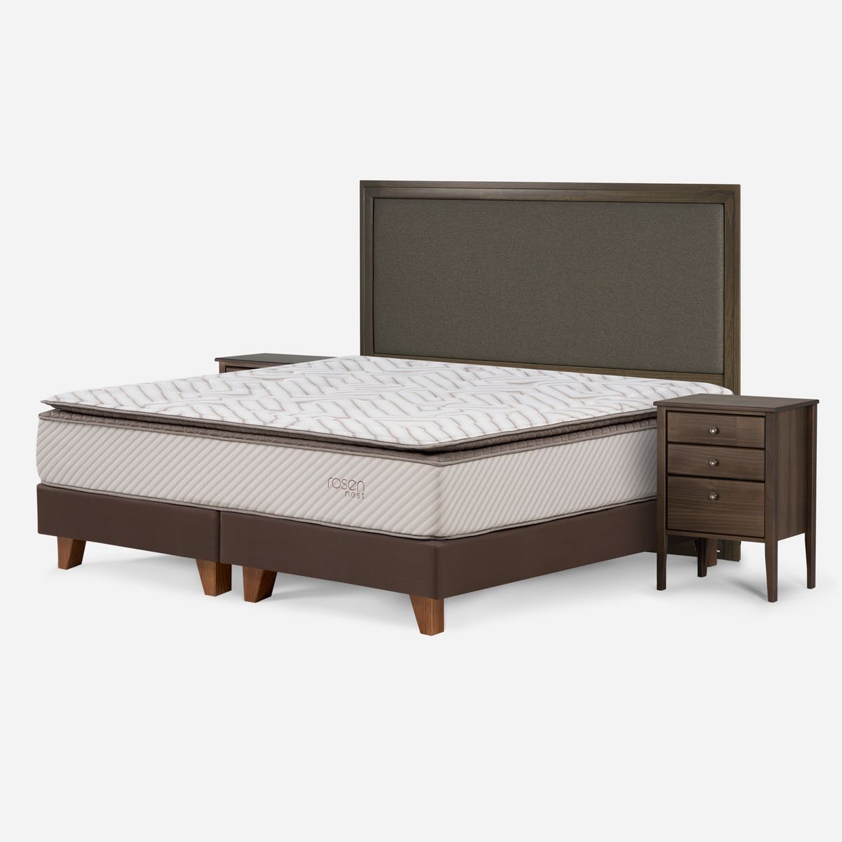 ROSEN - Cama Europea Nest 2 Plazas x 2.00mt Base Dividida + Respaldo + 2 Veladores Rosen